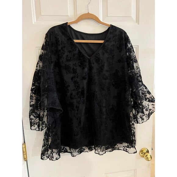 Unbranded Tops - 3XL Black Floral Sheer Lined Blouse Bell Sleeve Whimsigoth Witchy Unbranded Boho